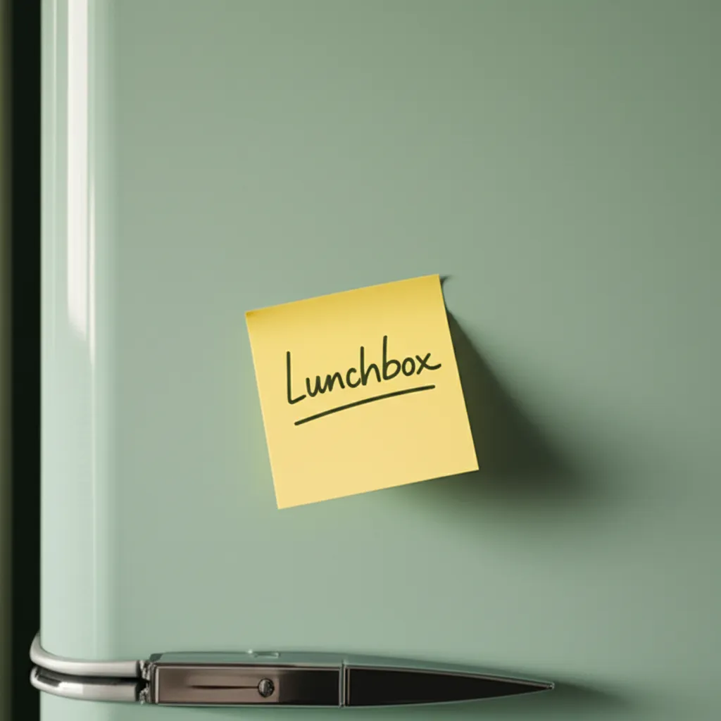 Yellow sticky note on a fridge saying Lunchbox, representing the one-word cooperation trick