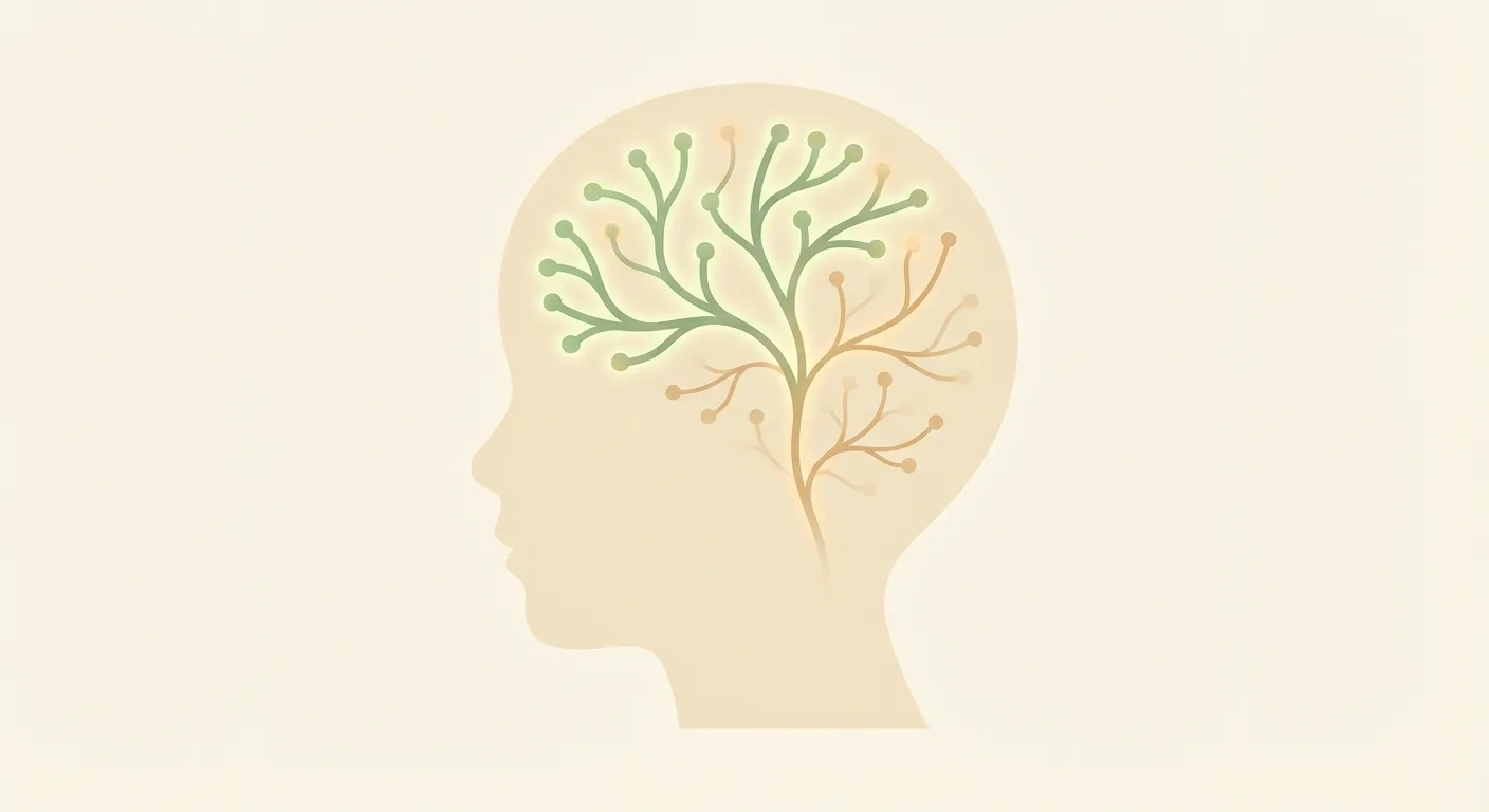 Child's head silhouette with neural pathways glowing and building, some still dim, representing brain development stages
