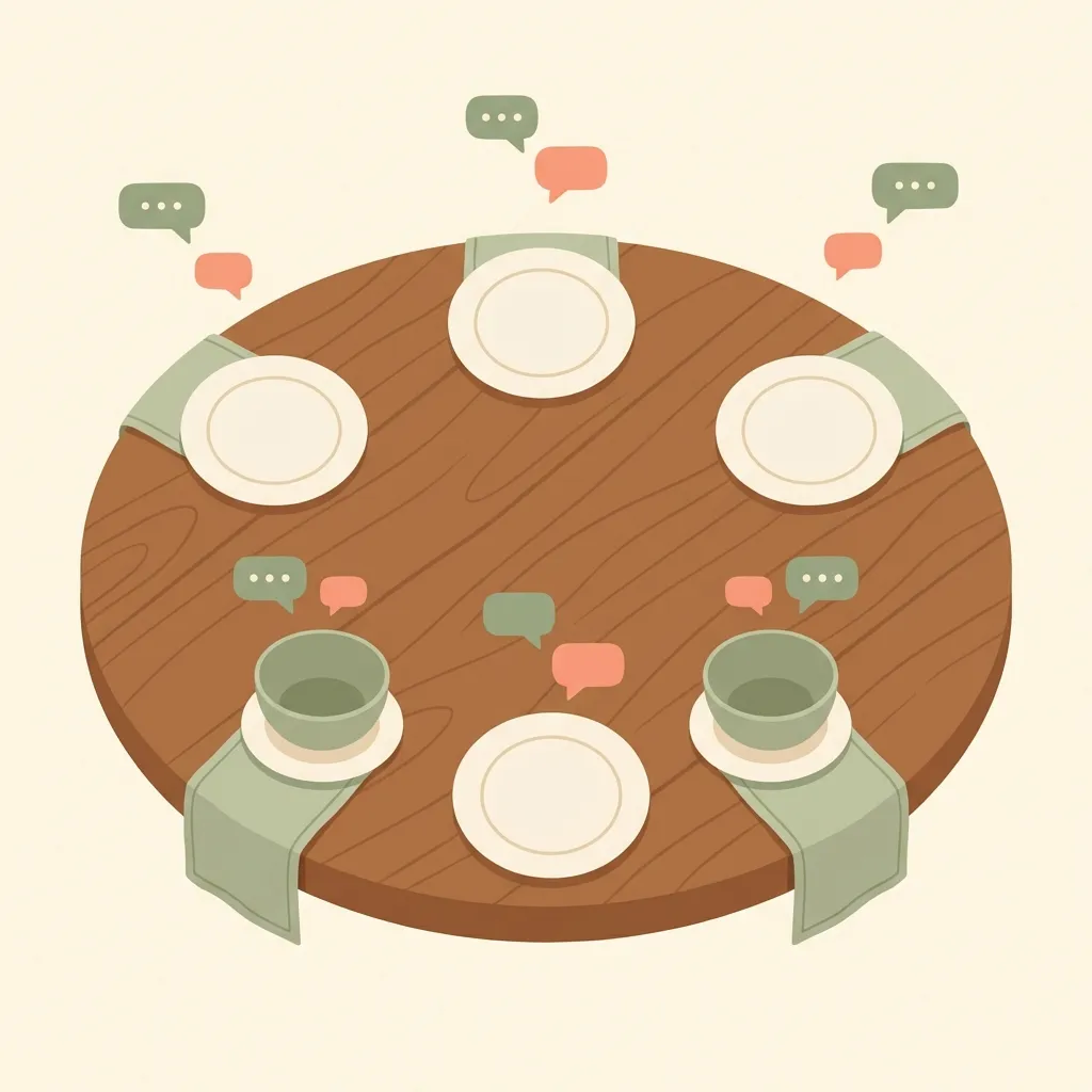 Illustration of a family gathered around a dinner table sharing stories, seen from above with warm lighting and speech bubbles