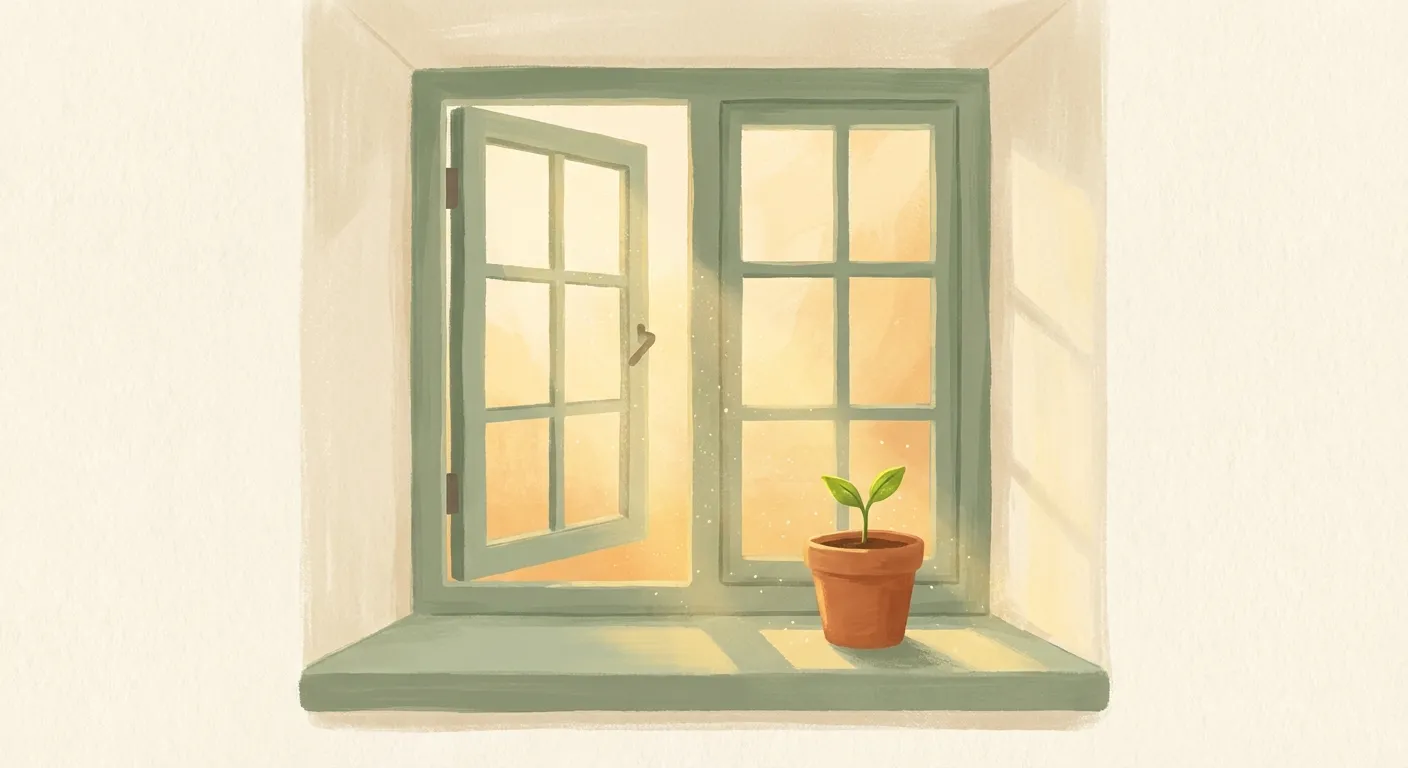An open window with a small seedling on the sill, representing the brief window when correction is effortless