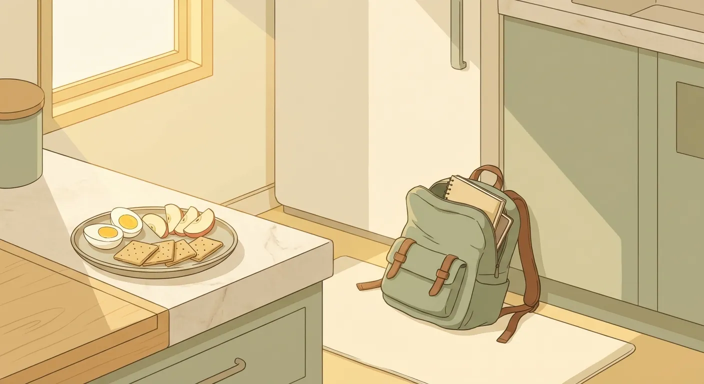 A ready-to-go after-school snack plate with protein-rich foods next to a dropped backpack on a kitchen counter