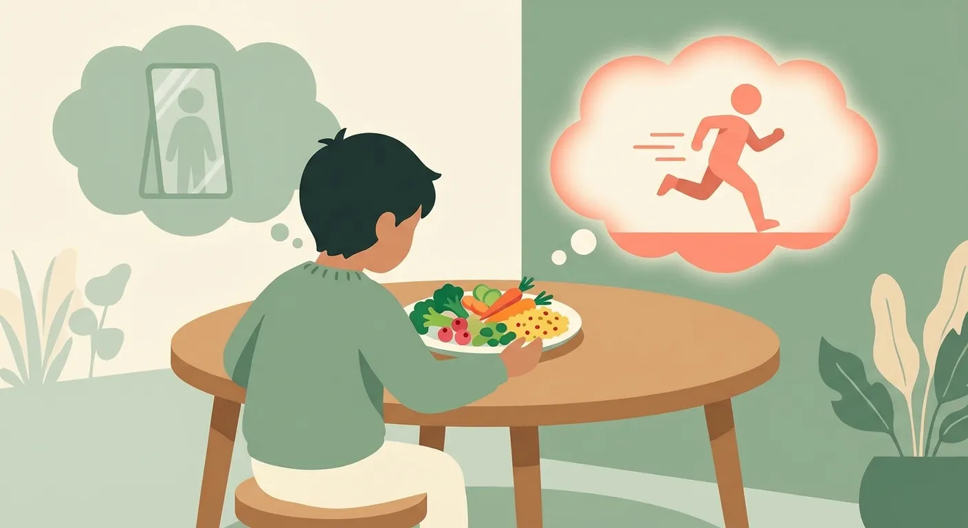 Child with two thought bubbles — one showing a mirror, one showing a running figure — representing appearance vs function-based food talk
