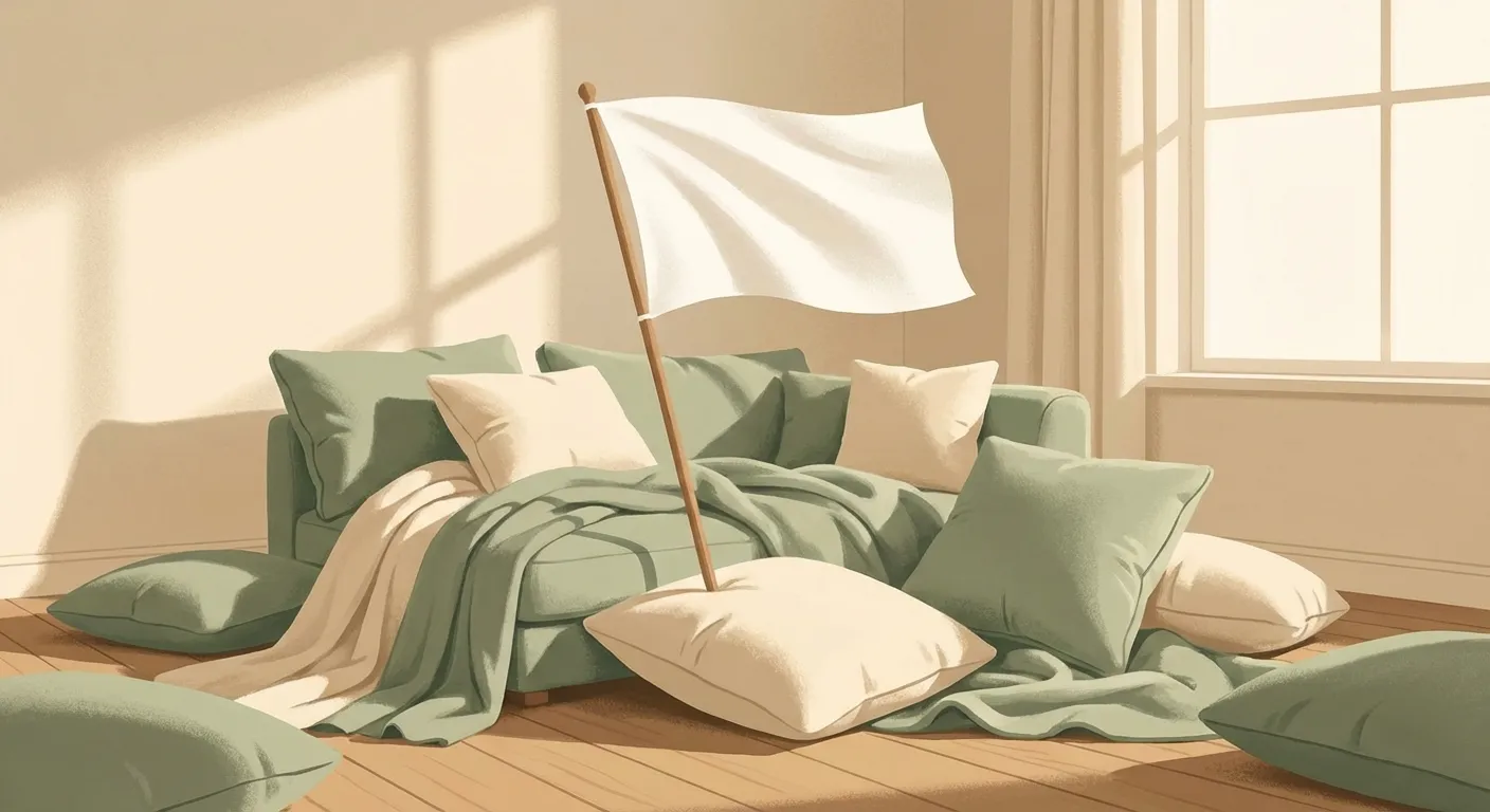 White flag planted in a pile of couch cushions — surrendering to win the parenting power struggle