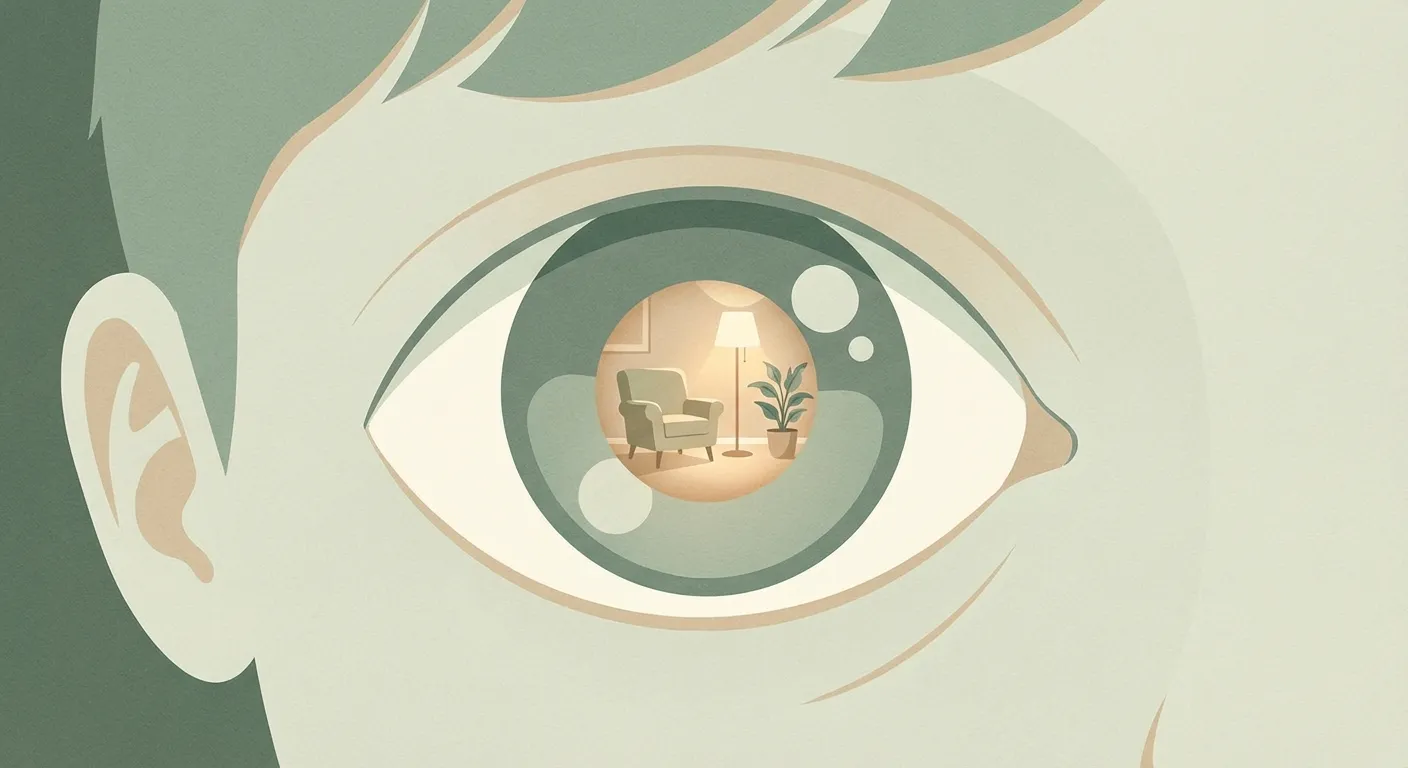A child's eye with a living room reflected in the iris, symbolizing perception as a superpower