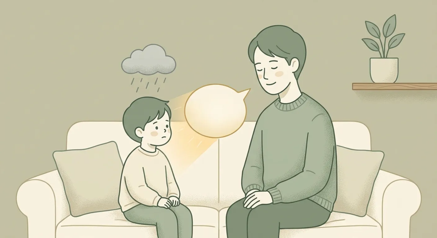 Parent and child sitting on a couch, rain cloud above the child with warm golden glow between them