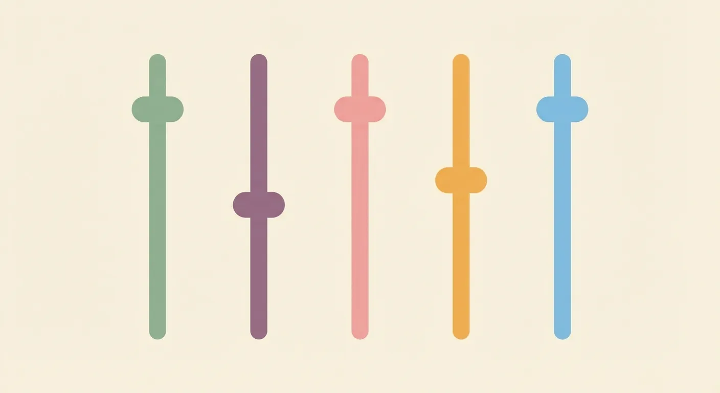 Five colored intensity slider dials representing thinking, imagination, feeling, senses, and movement channels