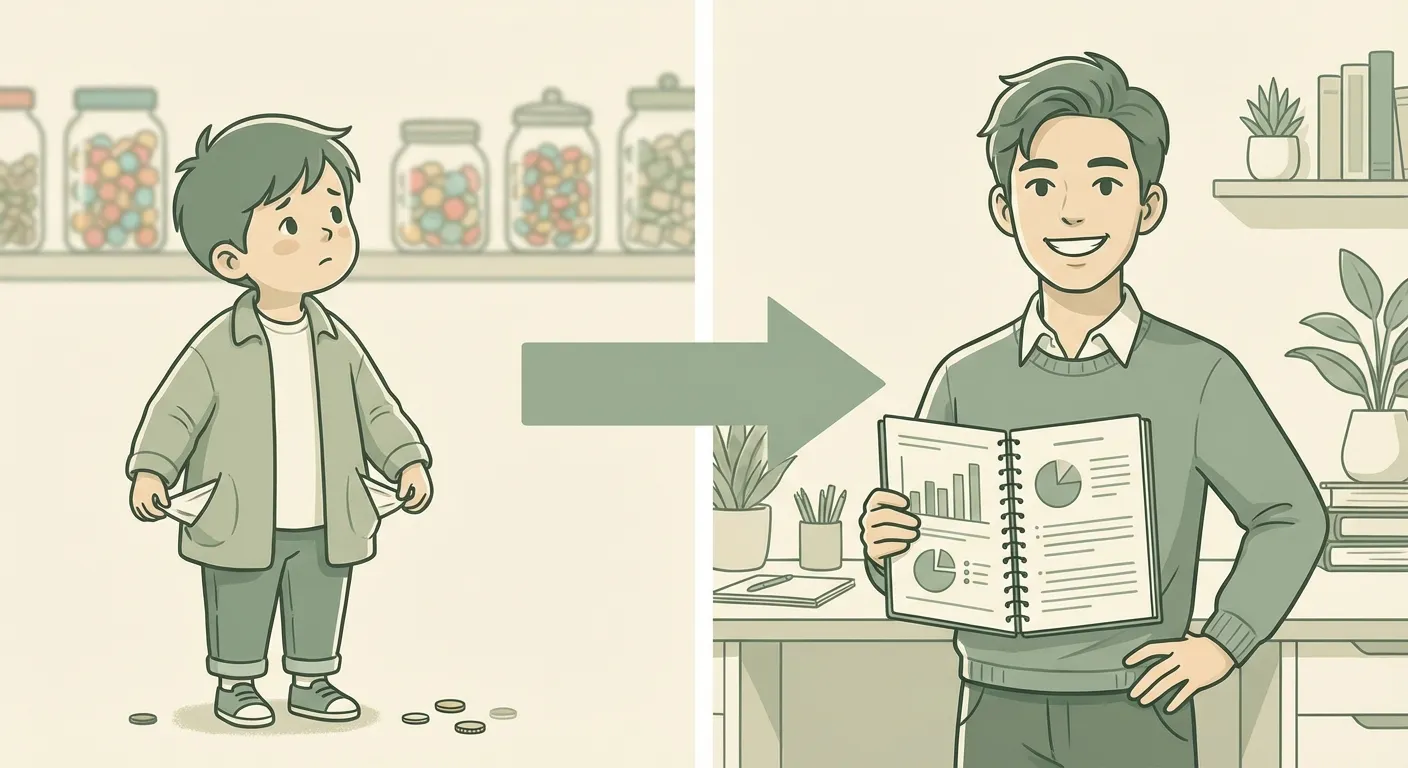 Split illustration of a child learning money management now and a confident young adult handling finances later