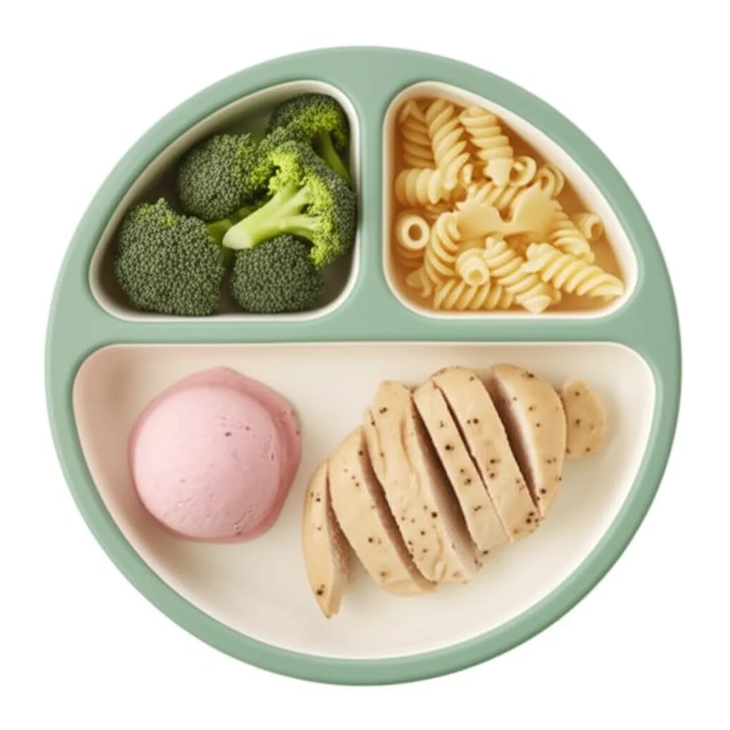 Overhead view of a child's dinner plate with ice cream served alongside broccoli, chicken, and pasta as equals