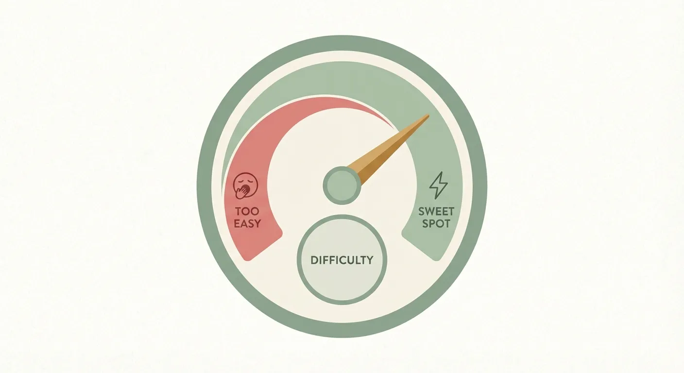 A colorful difficulty dial showing the sweet spot between too easy and too hard for child practice sessions