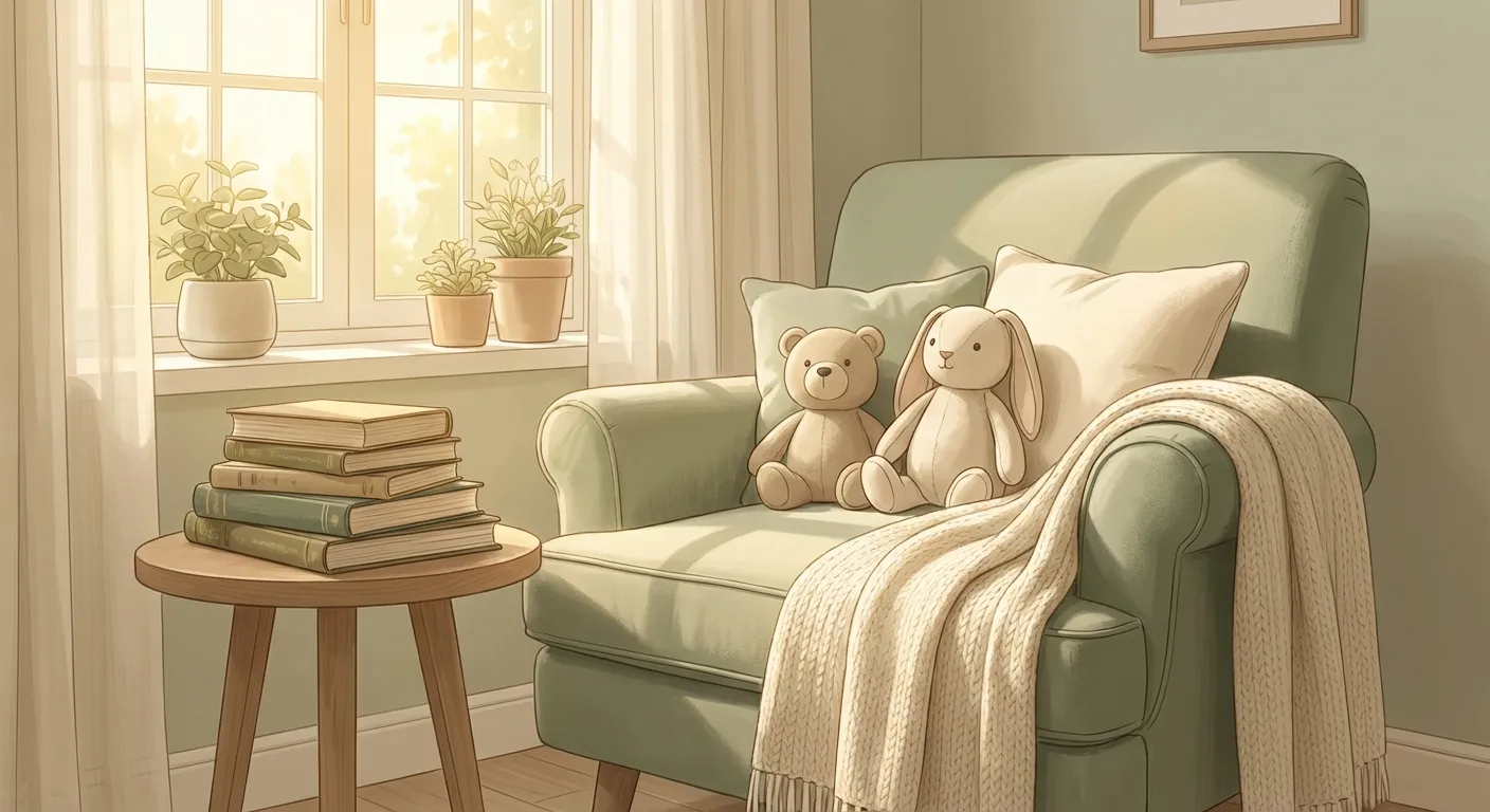 Cozy sage armchair with stuffed animals and books by a sunlit window, warm and inviting classroom corner