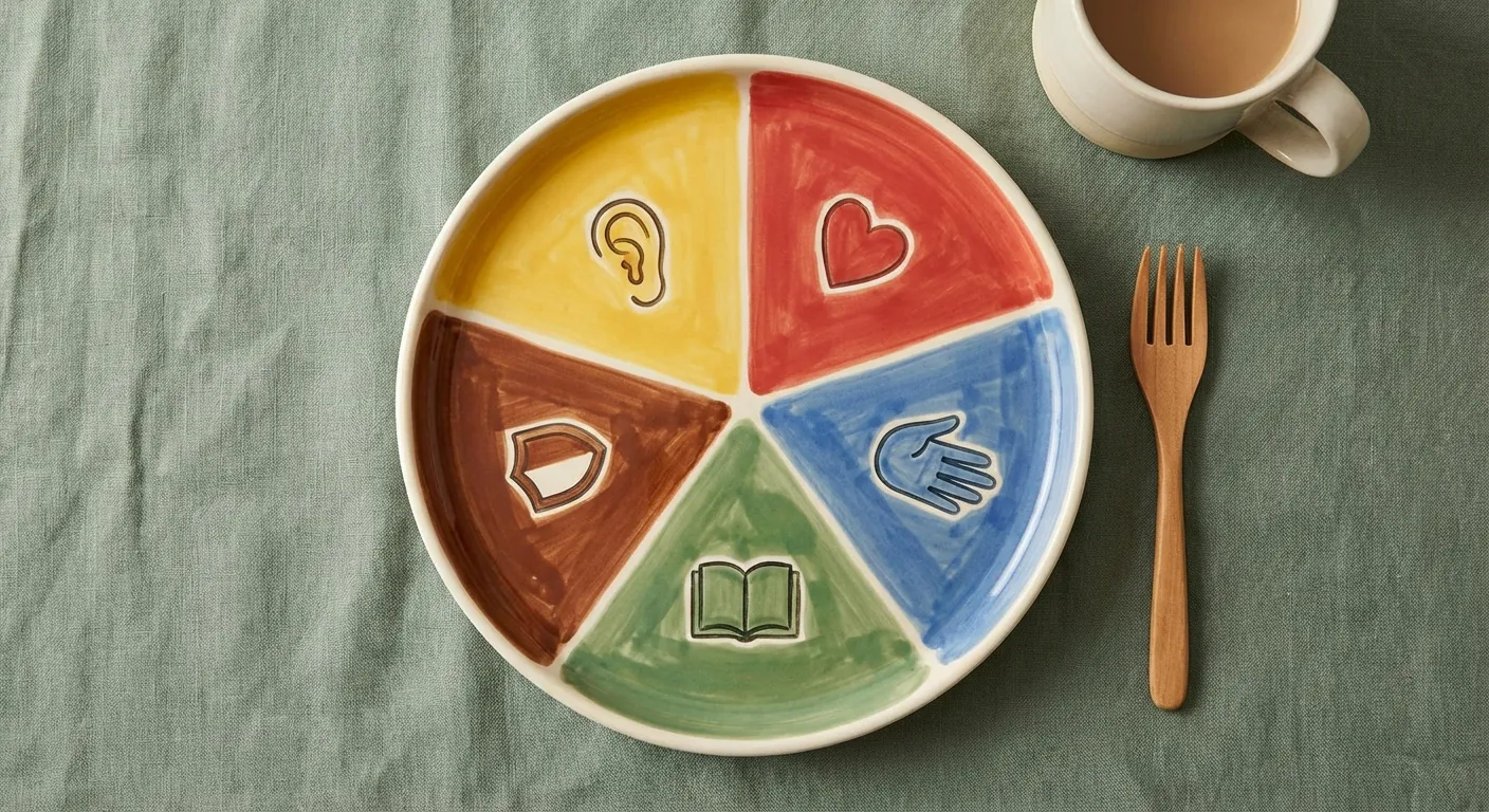 A plate radiating skill icons representing the five breakfast conversation questions
