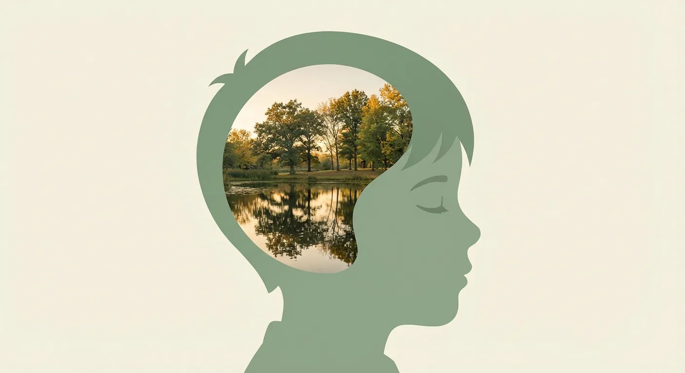 Child silhouette with a vivid landscape visible inside their head, representing photographic visual memory