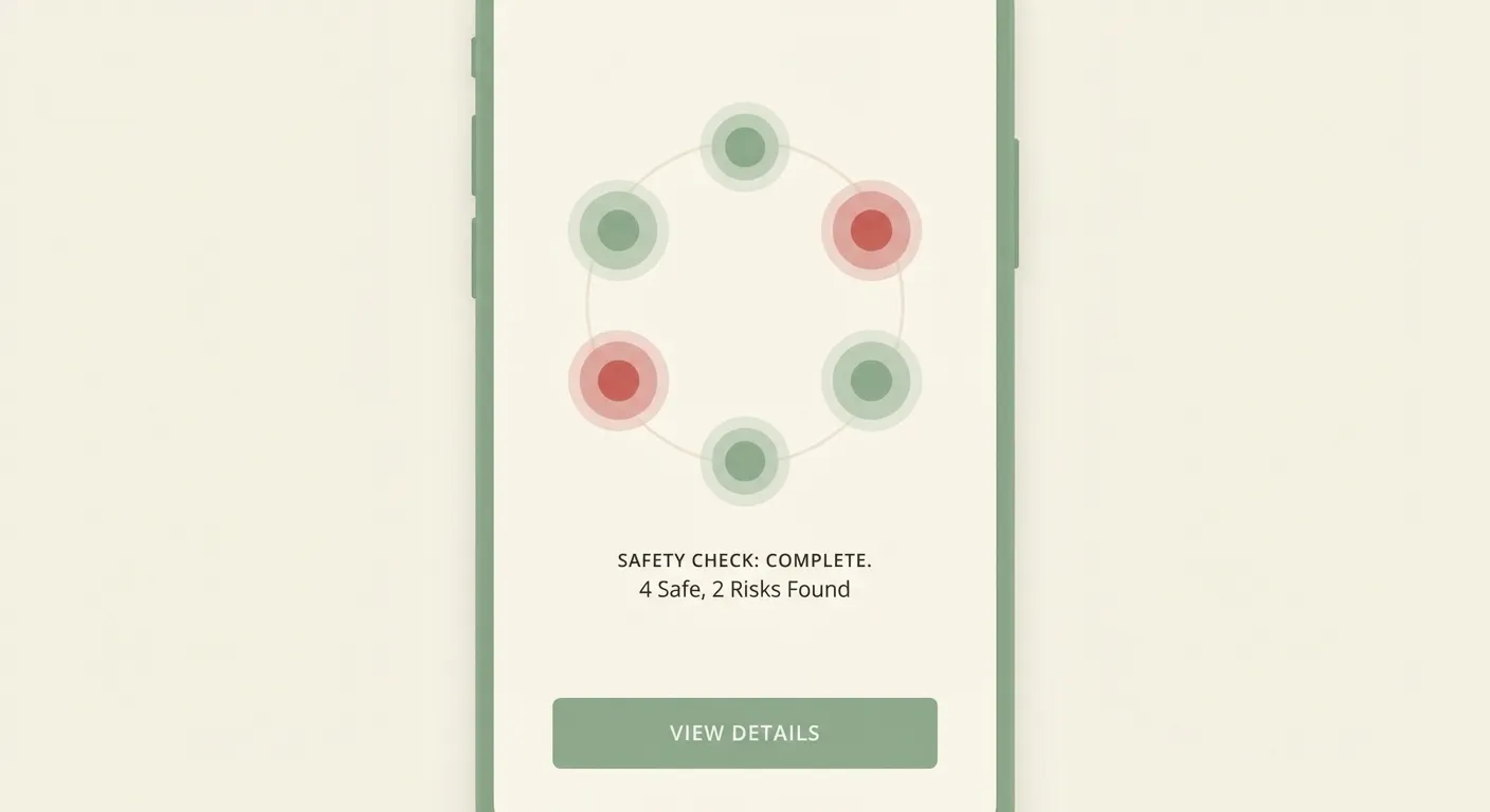A smartphone surrounded by six radar-style safety indicators scanning for design traps