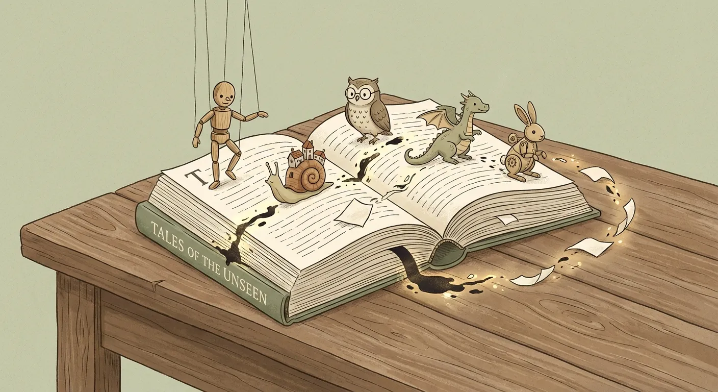 Illustration of an open storybook with whimsical characters climbing out of its pages