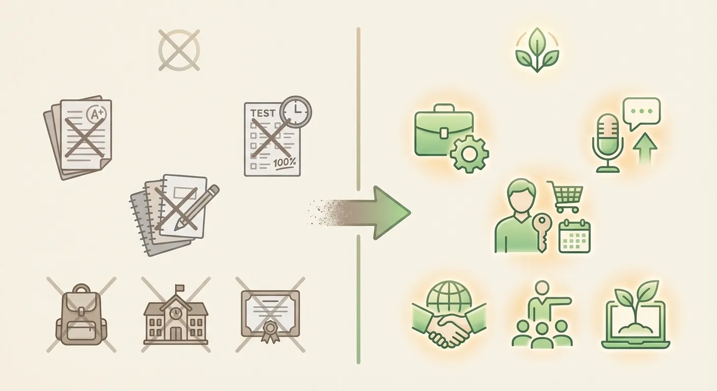Infographic showing crossed-out grades and homework versus highlighted work experience and advocacy icons