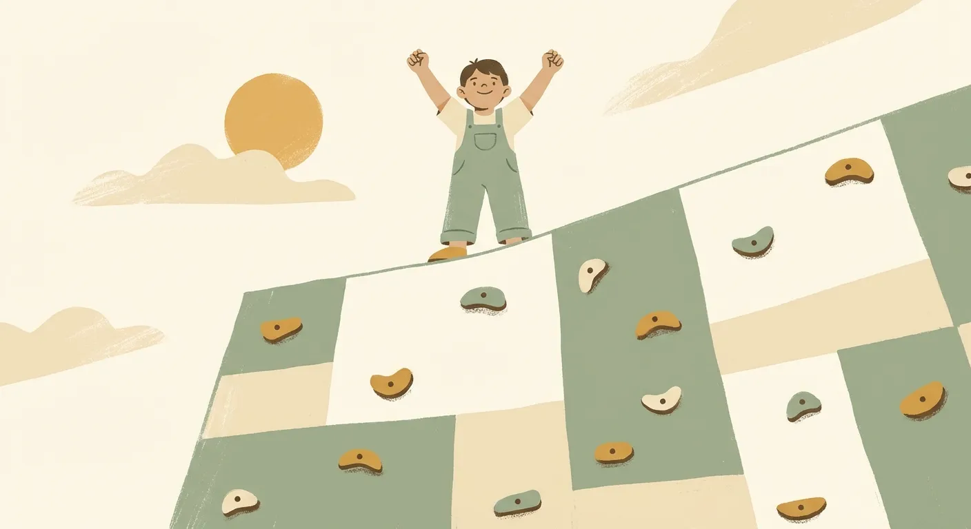 A confident child scaling a climbing wall, embodying the practiced danger that builds real safety