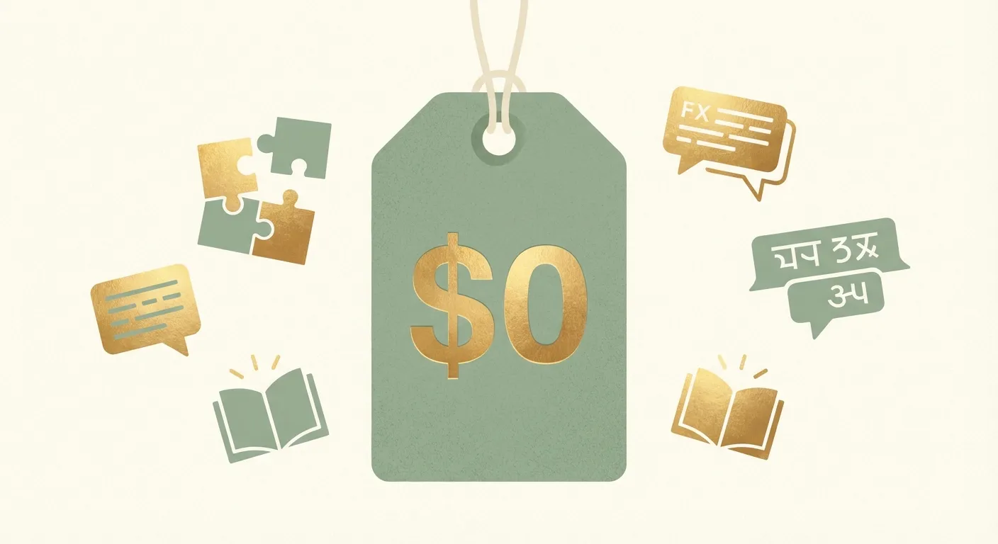 A $0 price tag surrounded by cognitive symbols representing the bilingual advantage