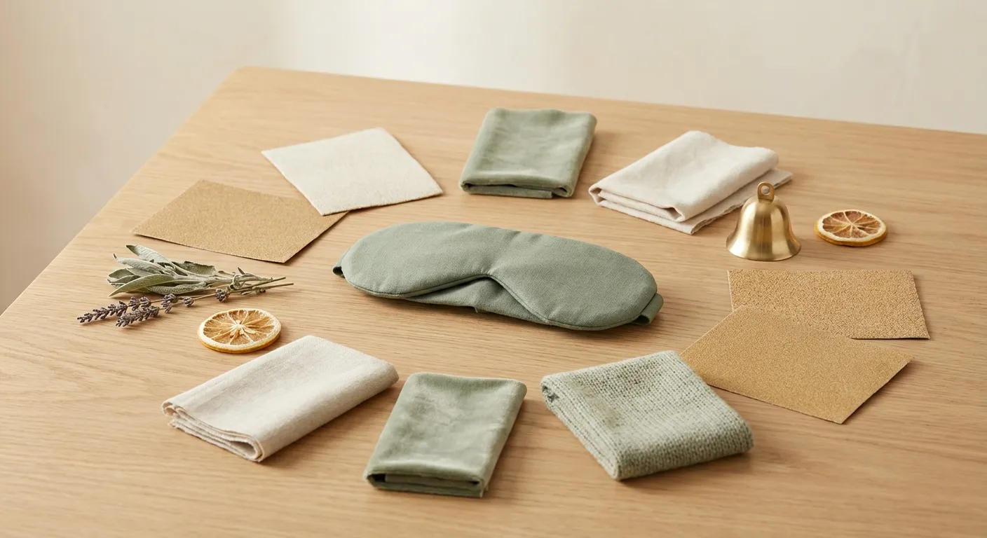 Flat-lay photo of a soft blindfold surrounded by sensory items like sandpaper, silk fabric, and cinnamon sticks