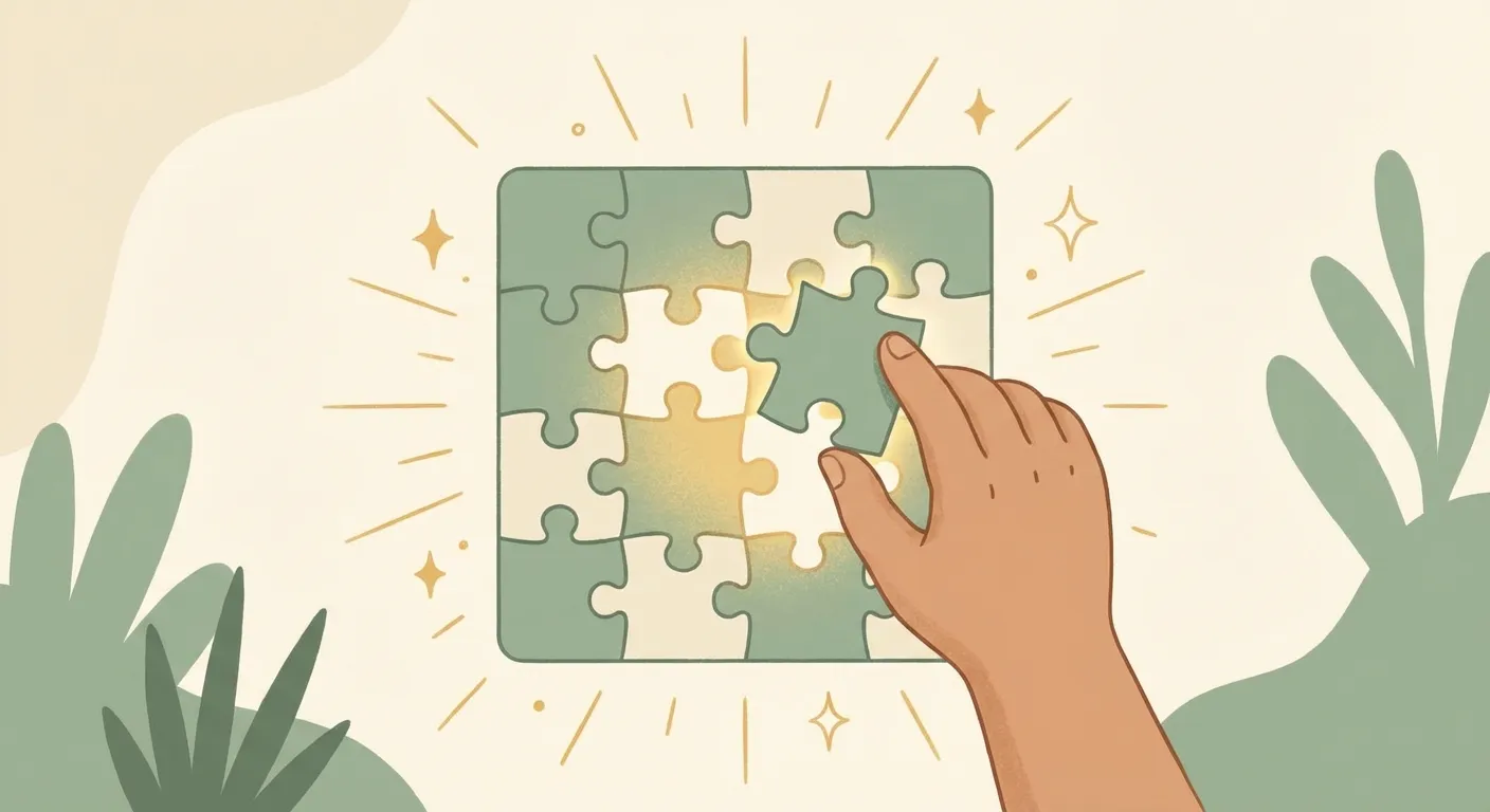 Child placing final puzzle piece with aha light rays