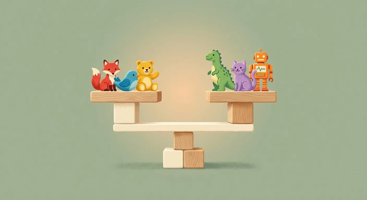 Warm illustration of a balance scale with toy figurines representing kids managing fairness