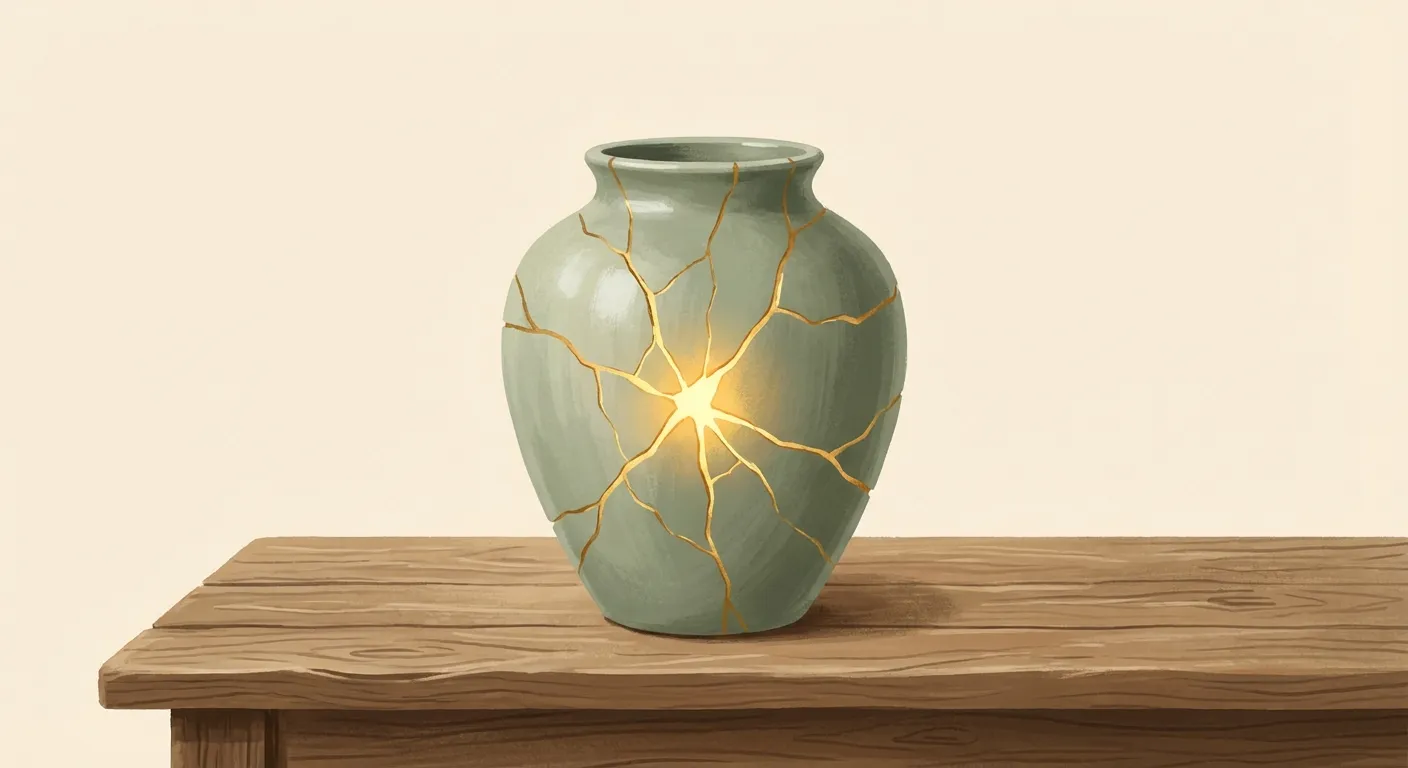 A cracked vase with golden light streaming through the cracks, symbolizing strength through grief