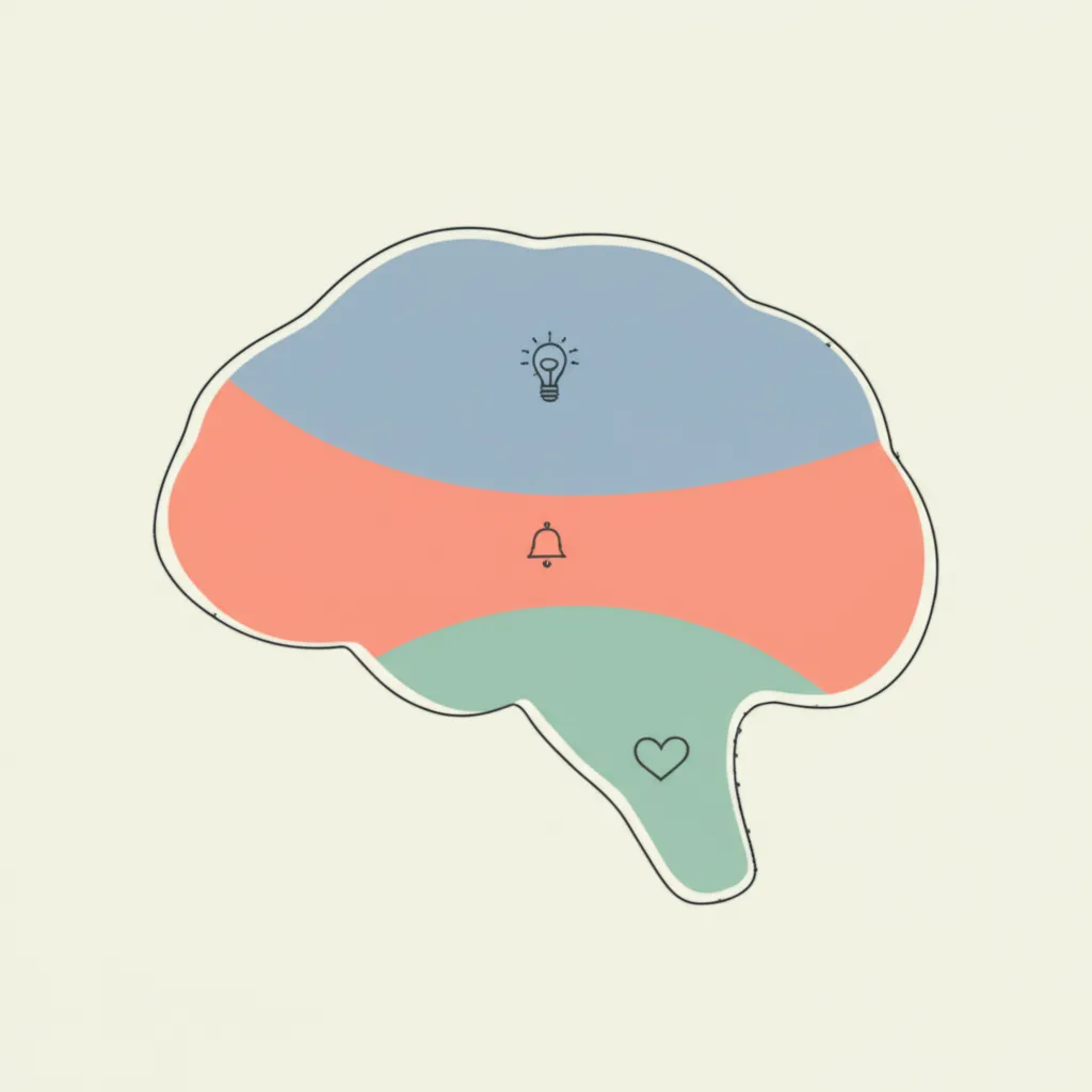 Kid-friendly brain outline with three color-coded zones: control center, alarm system, and thinking brain