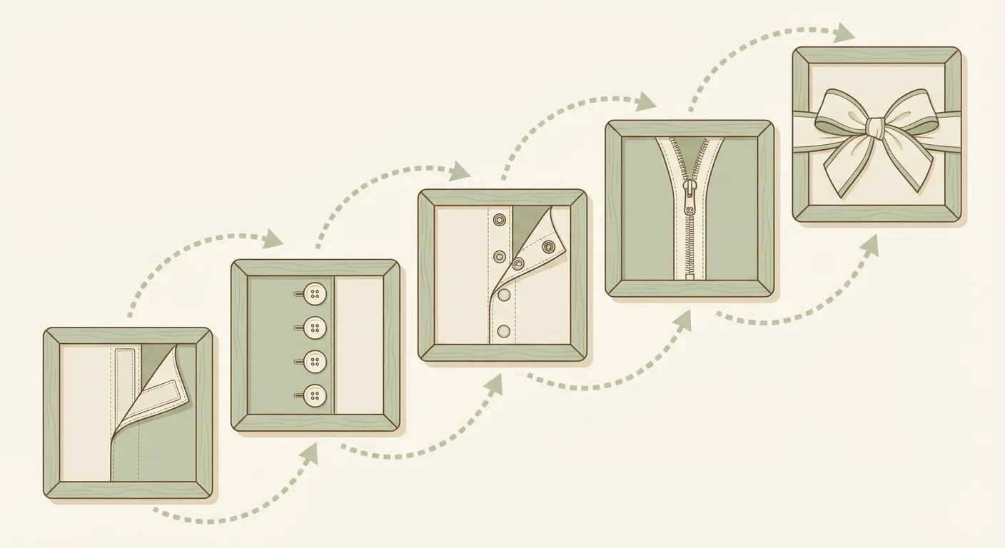 Top-down progression of dressing frames from simple to complex with dotted arrow path