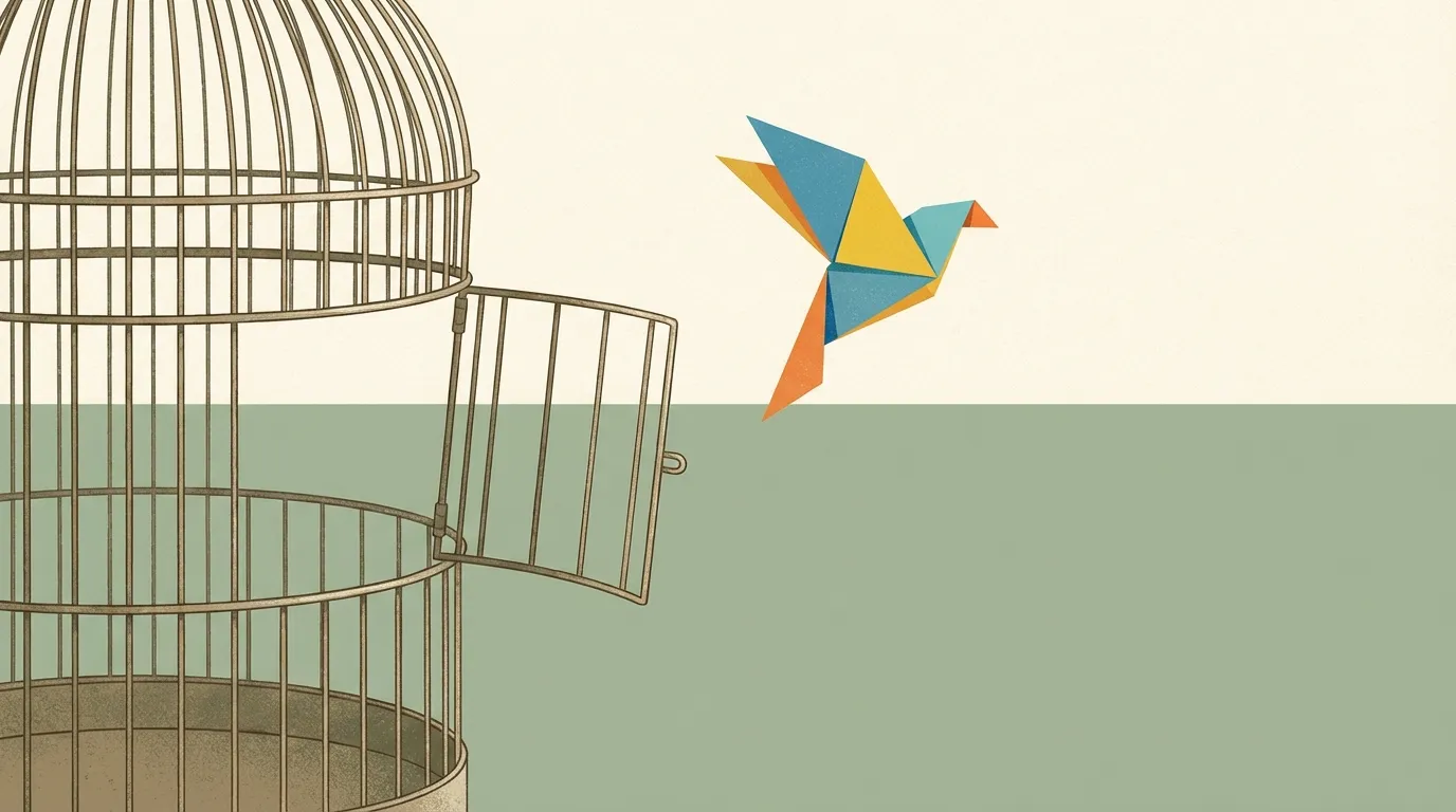 Illustration of a birdcage with an origami bird flying free, representing breaking out of restrictive masculinity norms