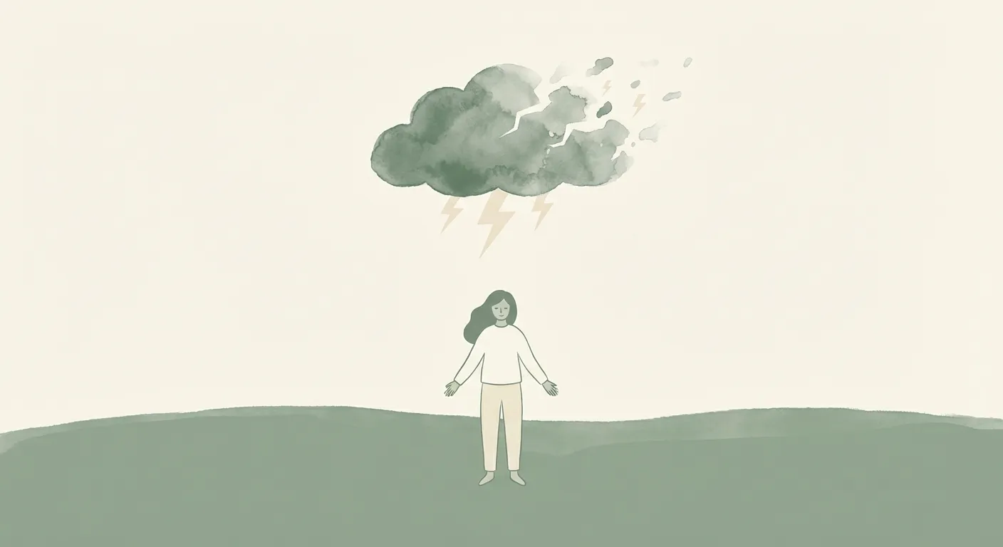 Storm cloud dissolving above a calm peaceful figure standing on a green landscape