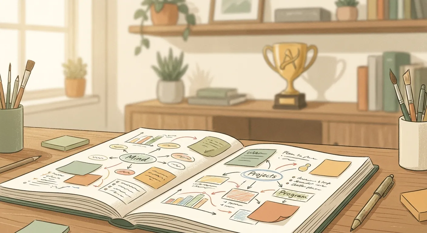 A blurred trophy on a shelf with a vibrant notebook in the foreground