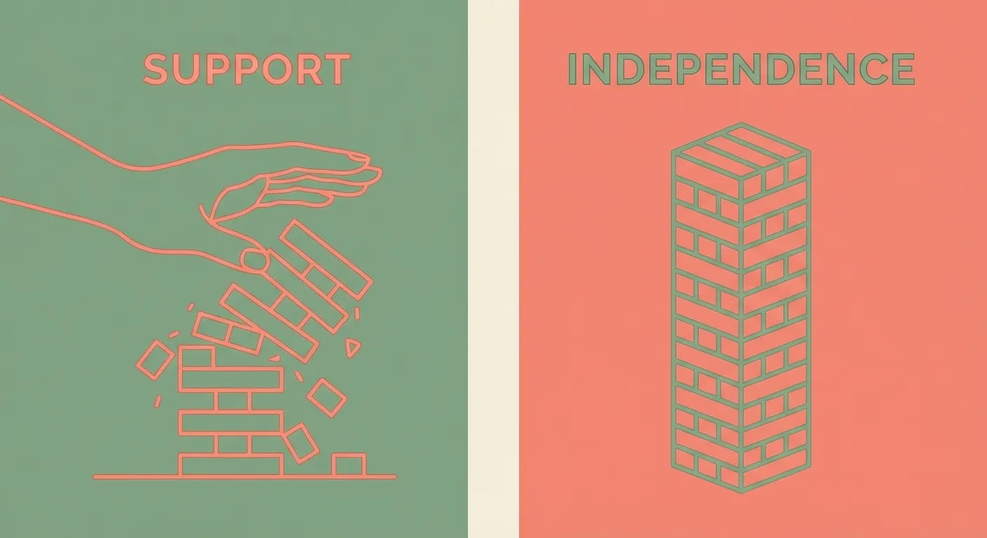 Split visual showing hand catching blocks versus a tower standing alone
