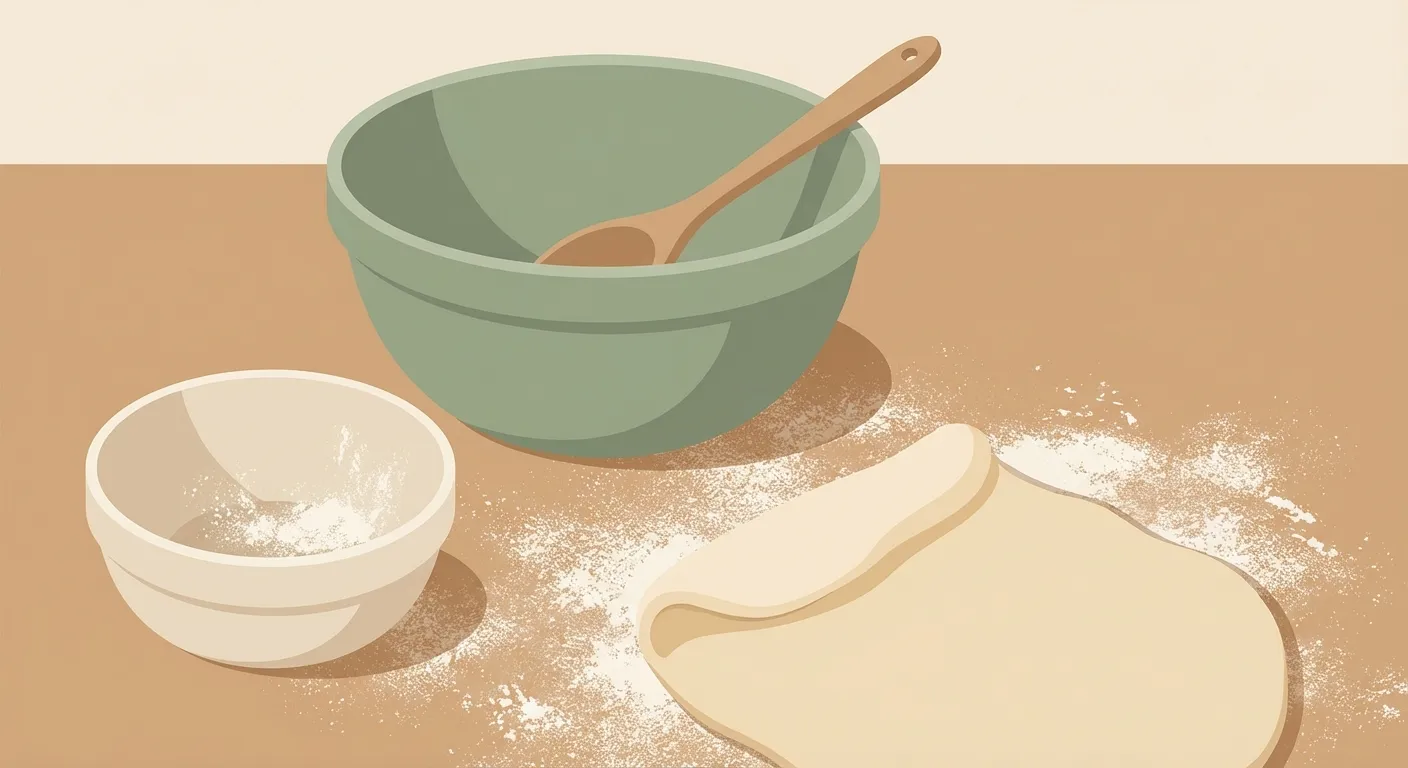 Kitchen counter with a sage mixing bowl, a child-sized bowl, and rolled dough — showing how kids absorb skills by participating alongside parents