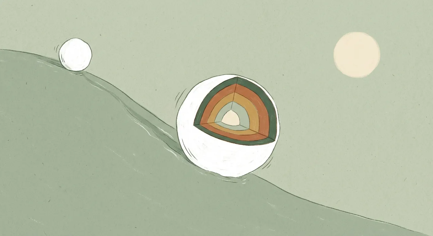 A layered snowball rolling downhill, growing larger through five stages