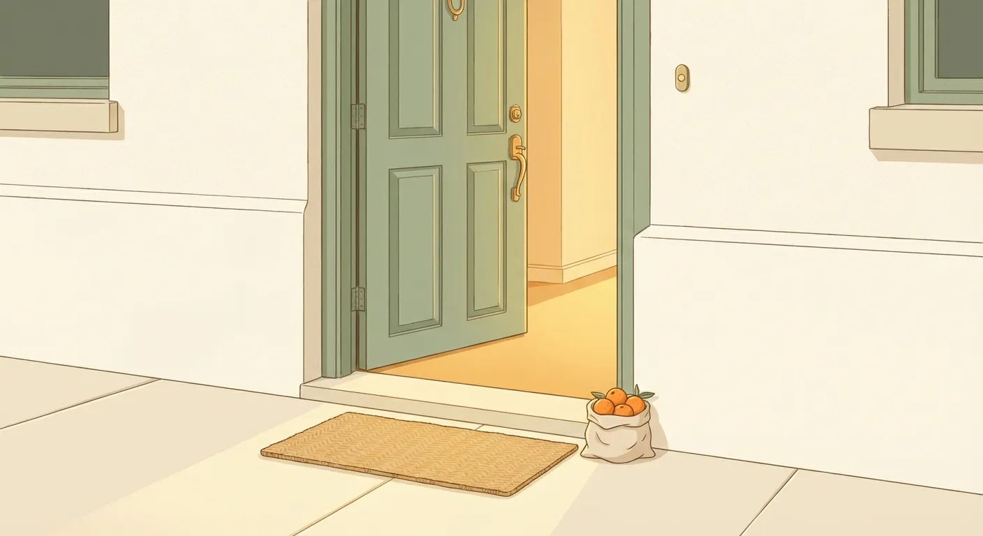 Open sage-green front door with warm light and clementines, inviting neighbors to connect