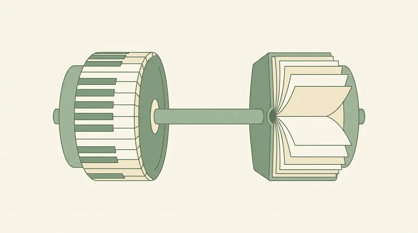 Warm illustration of a dumbbell with piano keys and book-shaped weight plates representing persistence as a trainable muscle