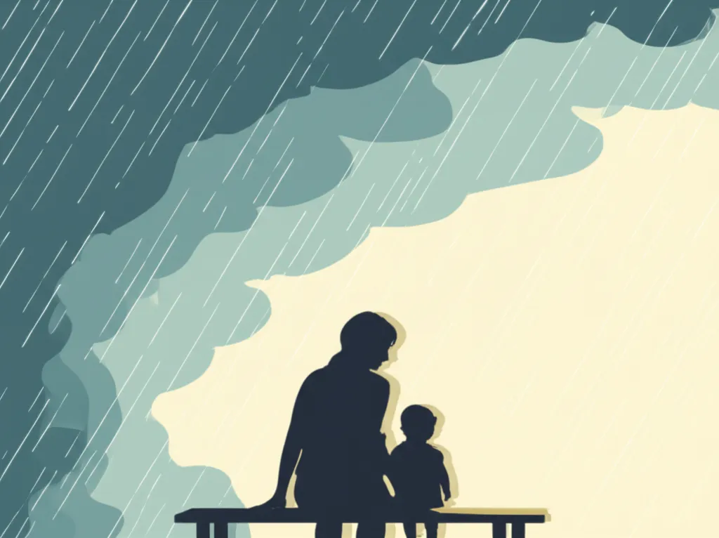 Warm illustration of a parent and child sitting together on a bench as a storm clears, representing presence through difficulty