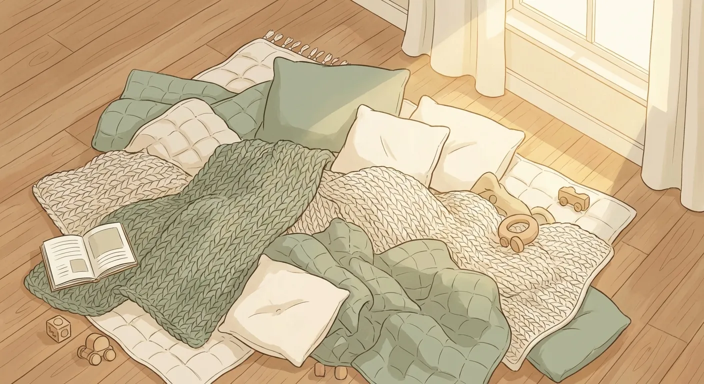 Cozy aftermath of roughhousing — cushions and blankets piled on the living room floor