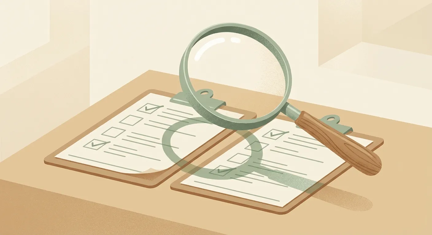 Magnifying glass revealing duplicate clipboards representing contaminated second opinions