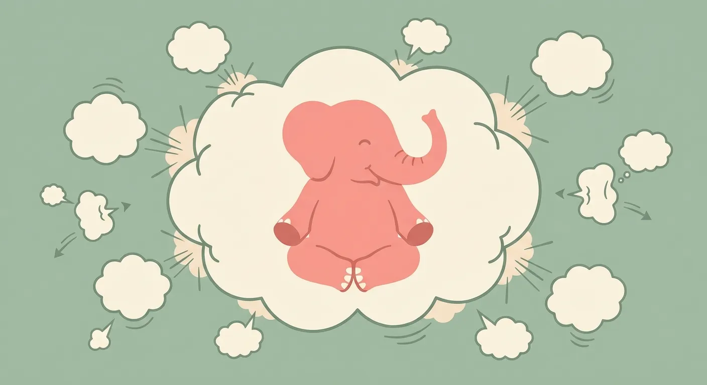 A playful pink elephant floating among thought bubbles representing the thought suppression paradox