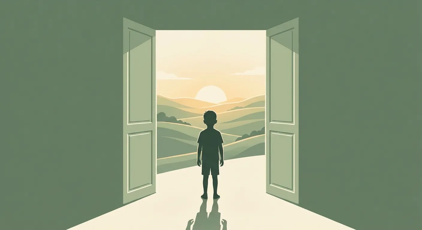 Silhouette of a boy standing at a threshold looking toward dawn light