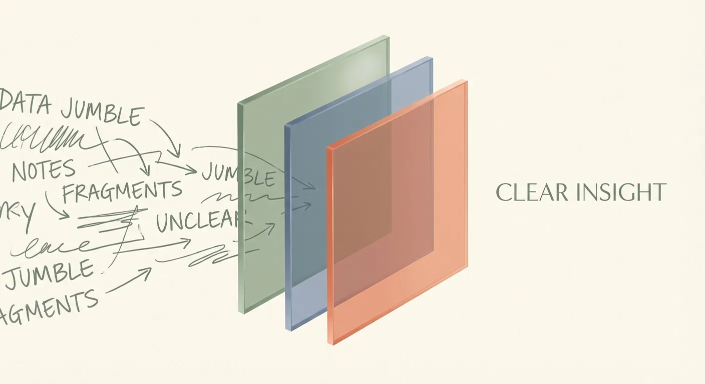 Three filter layers distilling cluttered words into a single clear lesson