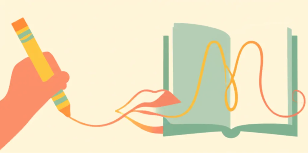 Split illustration showing a child drawing a letter emerging from a picture versus an open book