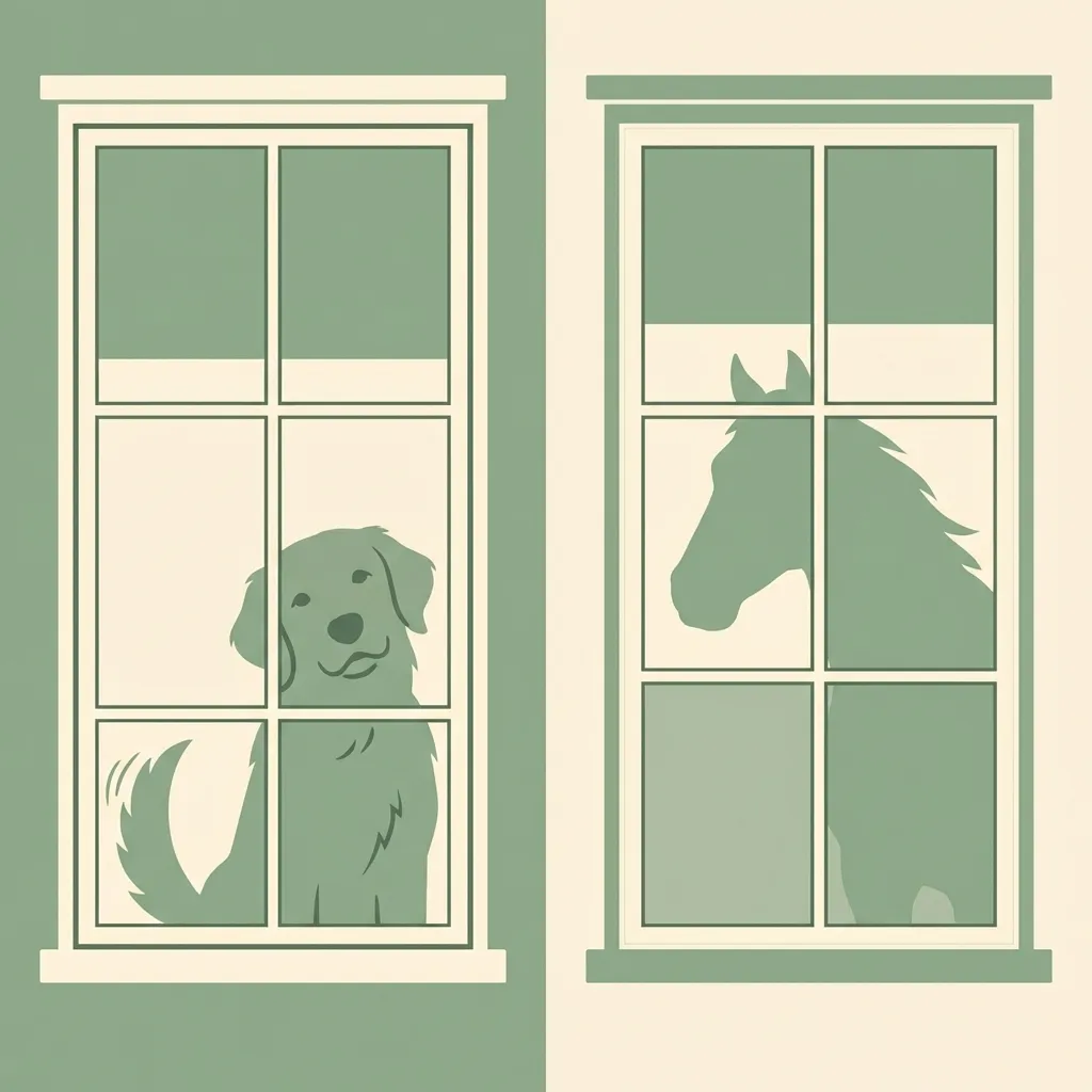 Split-frame illustration showing a dog through a window transforming into a horse in a child's imagination