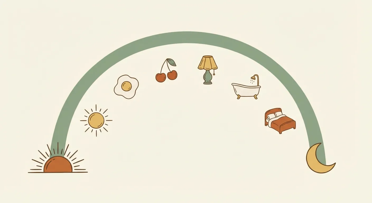 A sunrise-to-moon timeline arc showing the morning-to-midnight sleep system for children