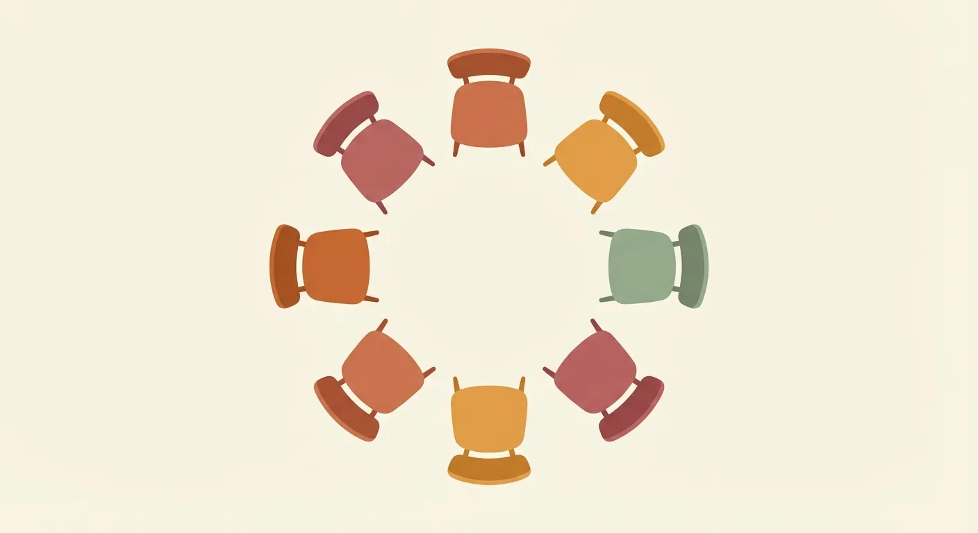 Bird's-eye view of colored chairs arranged in a circle showing friend group power dynamics