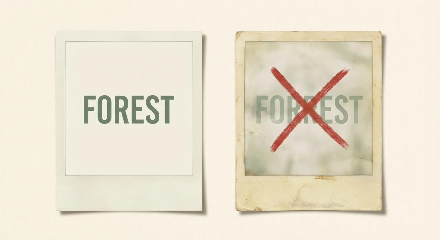 Two polaroid photographs side by side — one showing a correctly spelled word, the other faded with a red X