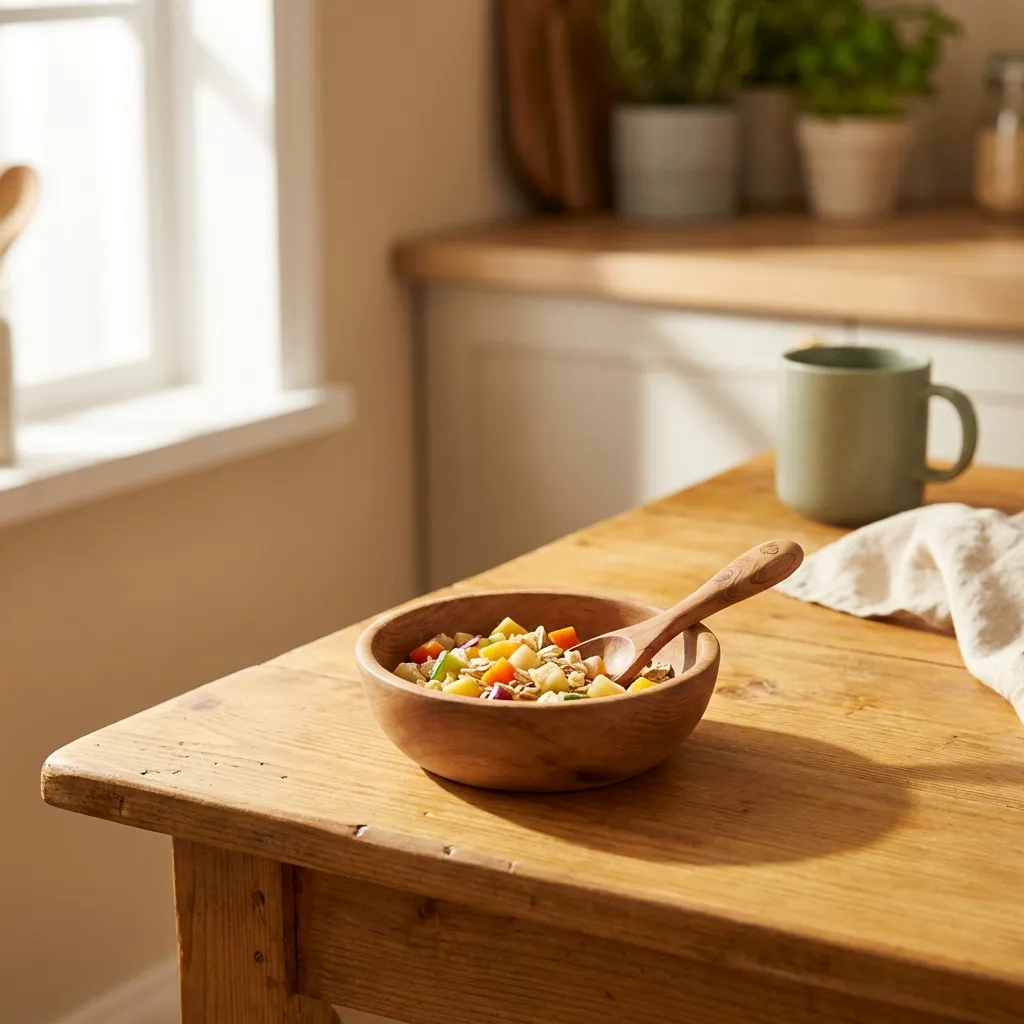 A child's wooden bowl with a small spoon resting in it on a sunlit table, simple and calm